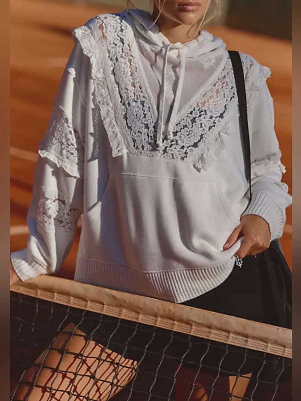 New Free People Movement Sweatshirt Hooded With Lace Detailing. Oversized